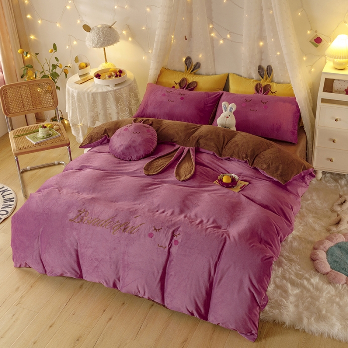 91家纺网 家纺一手货源 找家纺 纽缦 2021新款兔耳朵水晶绒床单床笠四件套 兔子 豆沙咖