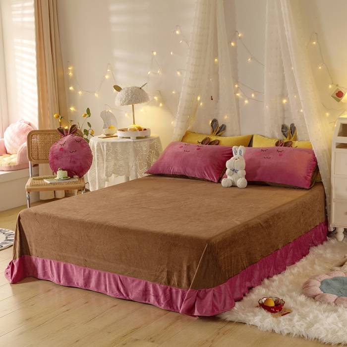 91家纺网 家纺一手货源 找家纺 纽缦 2021新款兔耳朵水晶绒床单床笠四件套 兔子 豆沙咖