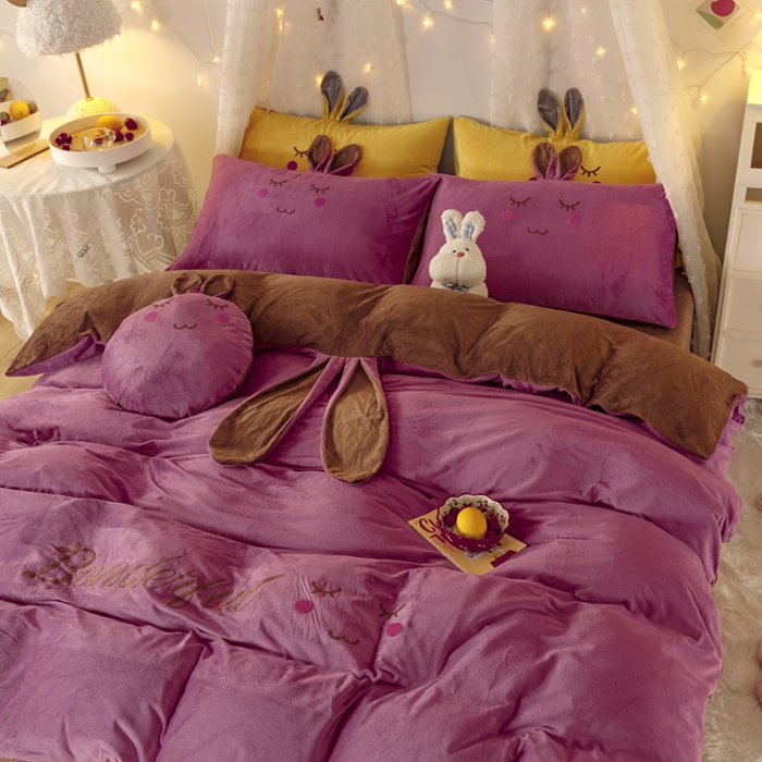 91家纺网 家纺一手货源 找家纺 纽缦 2021新款兔耳朵水晶绒床单床笠四件套 兔子 豆沙咖