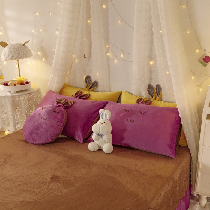 91家纺网 家纺一手货源 找家纺 纽缦 2021新款兔耳朵水晶绒床单床笠四件套 兔子 豆沙咖