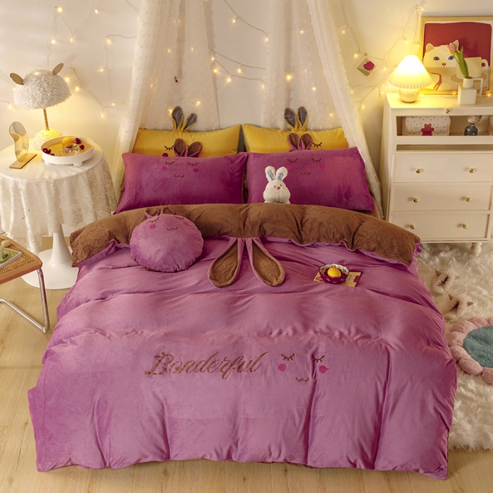 91家纺网 家纺一手货源 找家纺 纽缦 2021新款兔耳朵水晶绒床单床笠四件套 兔子 豆沙咖