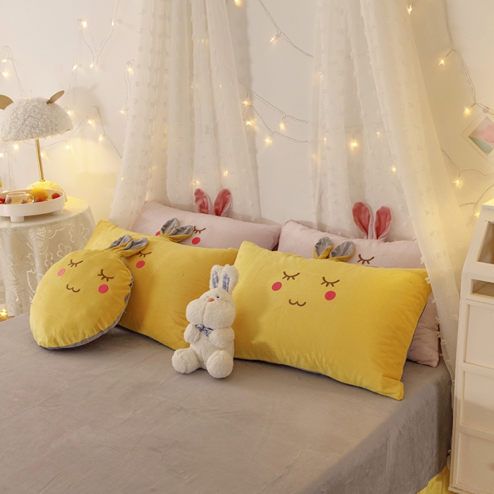 91家纺网 家纺一手货源 找家纺 纽缦 2021新款兔耳朵水晶绒床单床笠四件套 兔子 姜黄灰