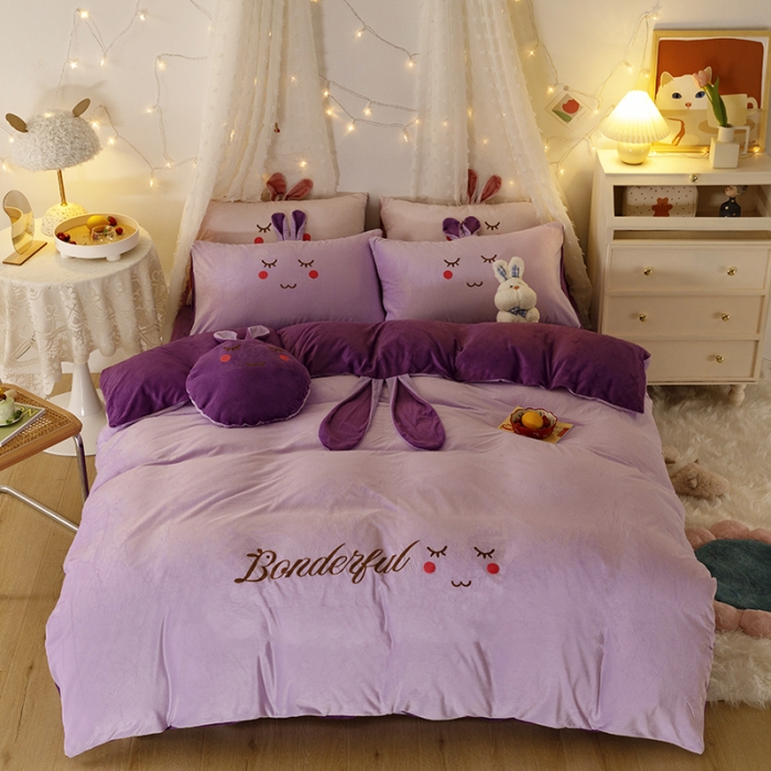 91家纺网 家纺一手货源 找家纺 纽缦 2021新款兔耳朵水晶绒床单床笠四件套 兔子 深浅紫
