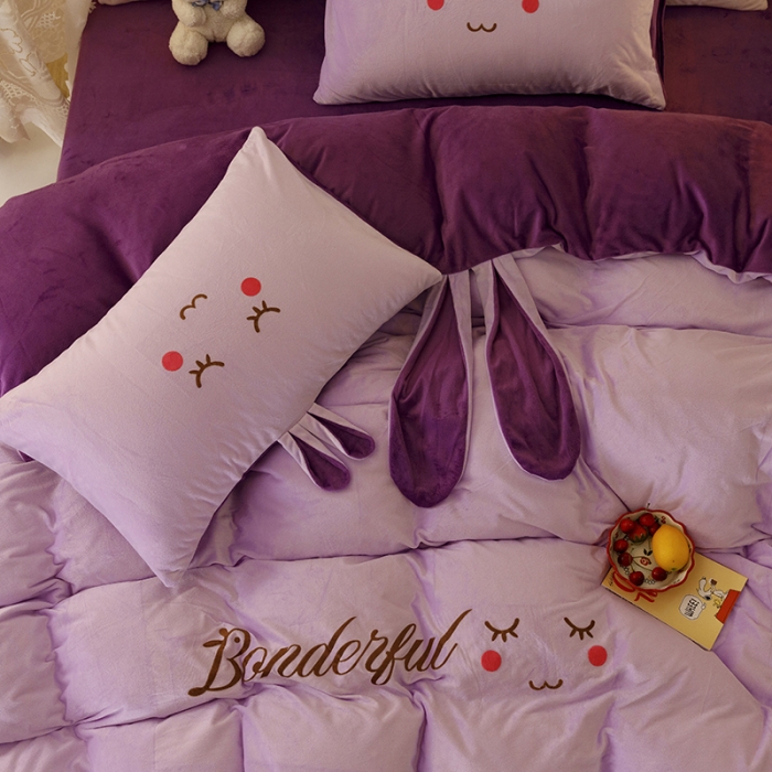 91家纺网 家纺一手货源 找家纺 纽缦 2021新款兔耳朵水晶绒床单床笠四件套 兔子 深浅紫