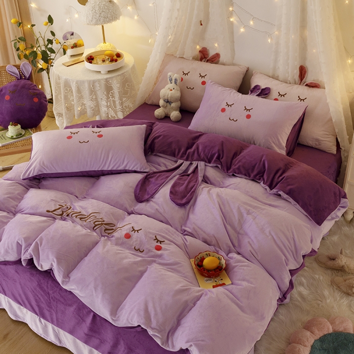 91家纺网 家纺一手货源 找家纺 纽缦 2021新款兔耳朵水晶绒床单床笠四件套 兔子 深浅紫