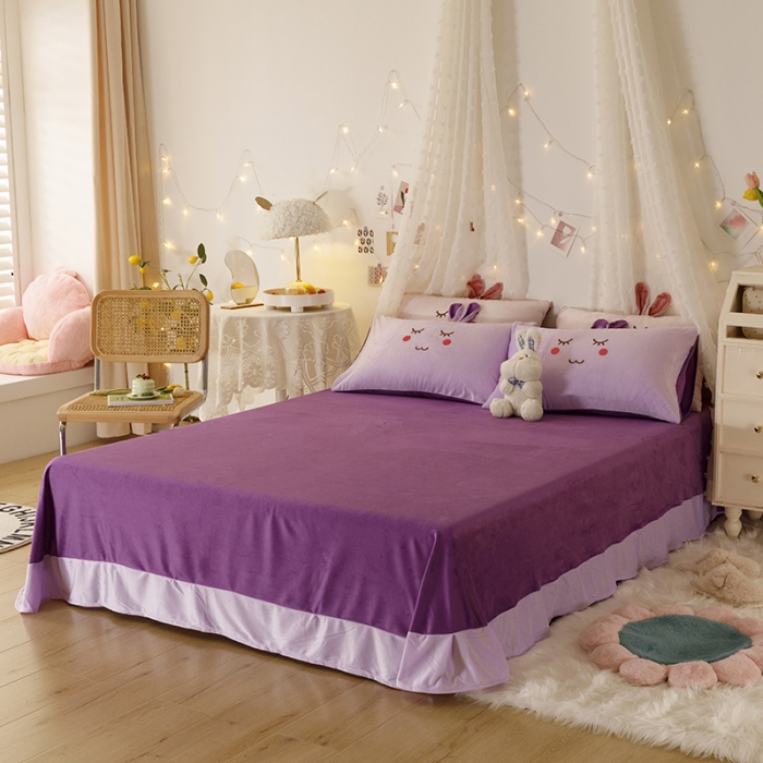 91家纺网 家纺一手货源 找家纺 纽缦 2021新款兔耳朵水晶绒床单床笠四件套 兔子 深浅紫