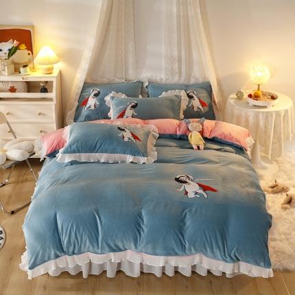 纽缦 2021新款韩版水晶绒床裙四件套 超人-蓝灰粉