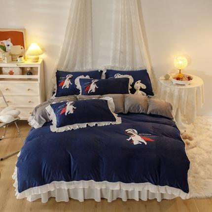 纽缦 2021新款韩版水晶绒床裙四件套 雏菊-宝蓝灰