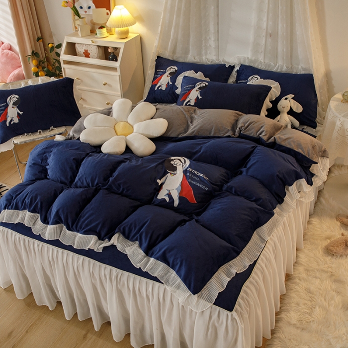 91家纺网 家纺一手货源 找家纺 纽缦 2021新款韩版水晶绒床裙四件套 雏菊-宝蓝灰