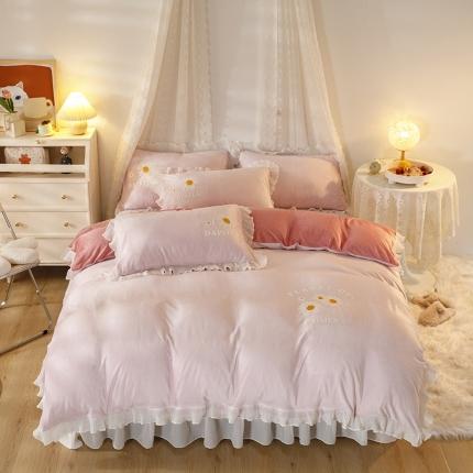 纽缦 2021新款韩版水晶绒床裙四件套 雏菊-粉豆沙