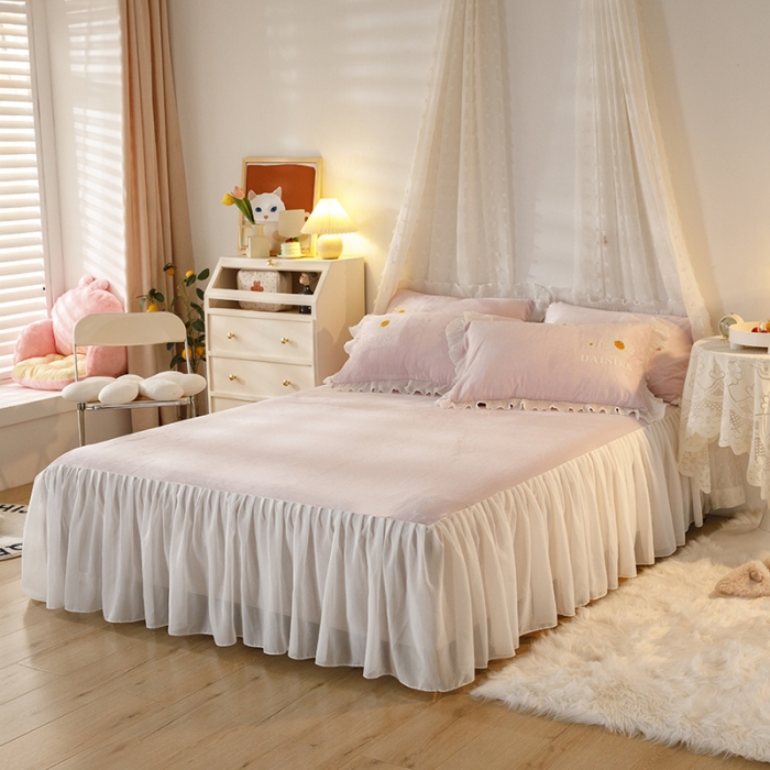 91家纺网 家纺一手货源 找家纺 纽缦 2021新款韩版水晶绒床裙四件套 雏菊-粉豆沙