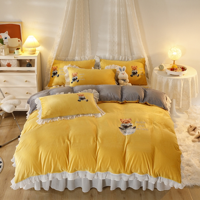 91家纺网 家纺一手货源 找家纺 纽缦 2021新款韩版水晶绒床裙四件套 雏菊-姜黄灰