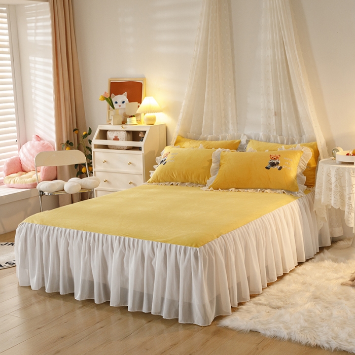 91家纺网 家纺一手货源 找家纺 纽缦 2021新款韩版水晶绒床裙四件套 雏菊-姜黄灰