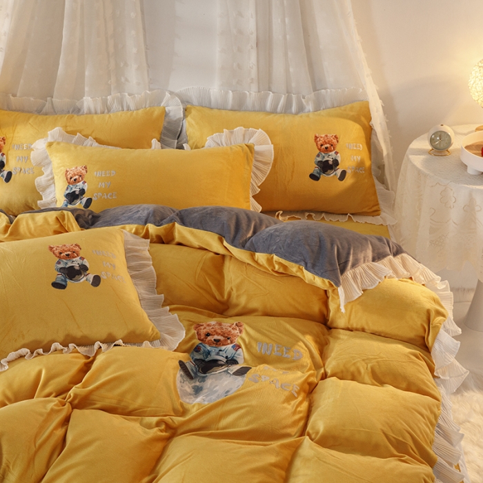 91家纺网 家纺一手货源 找家纺 纽缦 2021新款韩版水晶绒床裙四件套 雏菊-姜黄灰