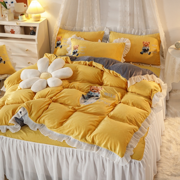 91家纺网 家纺一手货源 找家纺 纽缦 2021新款韩版水晶绒床裙四件套 雏菊-姜黄灰