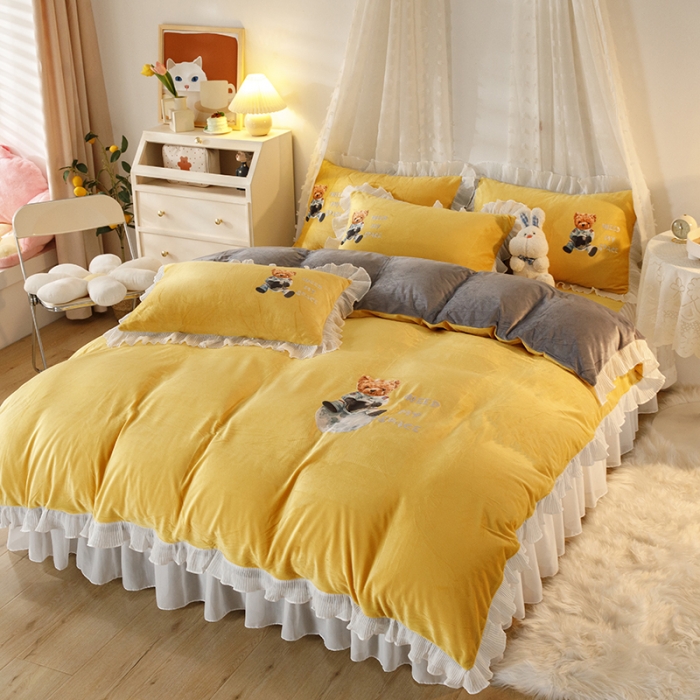 91家纺网 家纺一手货源 找家纺 纽缦 2021新款韩版水晶绒床裙四件套 雏菊-姜黄灰