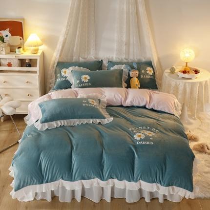 纽缦 2021新款韩版水晶绒床裙四件套 雏菊-浅绿粉