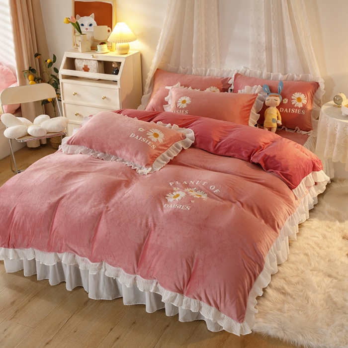 91家纺网 家纺一手货源 找家纺 纽缦 2021新款韩版水晶绒床裙四件套 雏菊-深浅豆沙