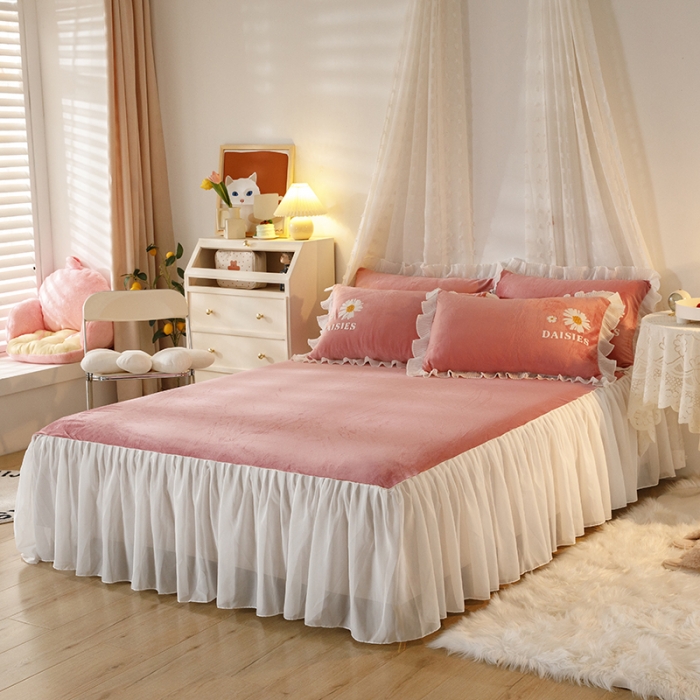 91家纺网 家纺一手货源 找家纺 纽缦 2021新款韩版水晶绒床裙四件套 雏菊-深浅豆沙