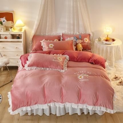 纽缦 2021新款韩版水晶绒床裙四件套 雏菊-深浅豆沙