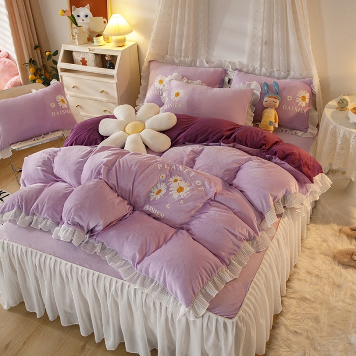 91家纺网 家纺一手货源 找家纺 纽缦 2021新款韩版水晶绒床裙四件套 雏菊-深浅紫