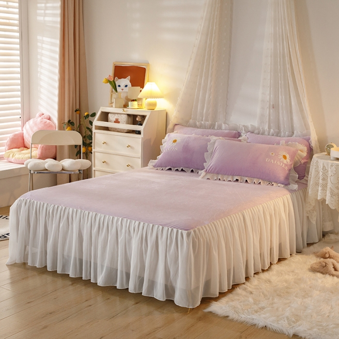 91家纺网 家纺一手货源 找家纺 纽缦 2021新款韩版水晶绒床裙四件套 雏菊-深浅紫