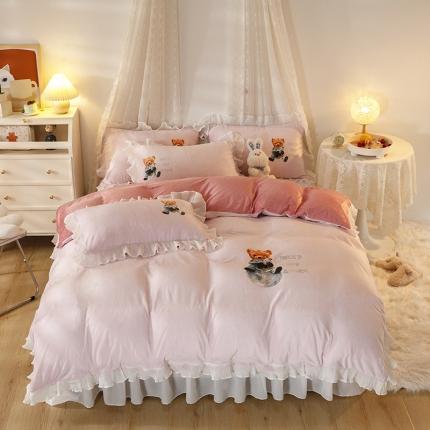 纽缦 2021新款韩版水晶绒床裙四件套 萌熊 -粉豆沙