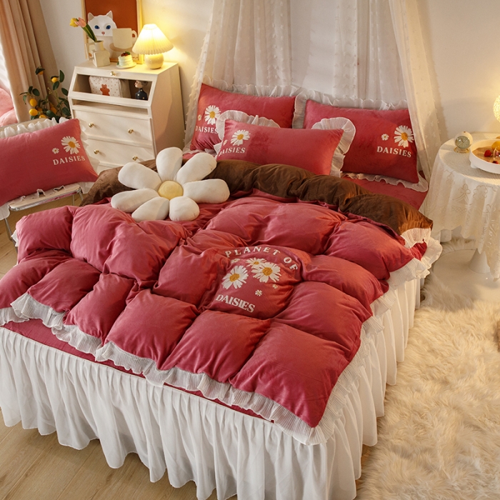 91家纺网 家纺一手货源 找家纺 纽缦 2021新款韩版水晶绒床裙四件套 萌熊-豆沙咖