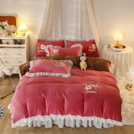 纽缦 2021新款韩版水晶绒床裙四件套 萌熊-豆沙咖