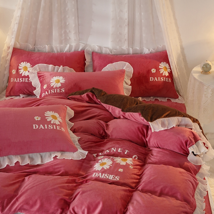 91家纺网 家纺一手货源 找家纺 纽缦 2021新款韩版水晶绒床裙四件套 萌熊-豆沙咖