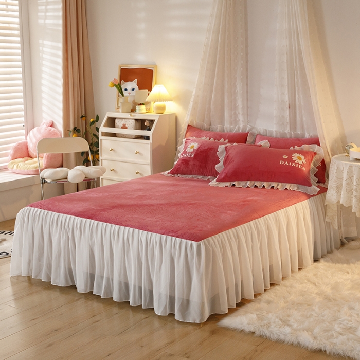 91家纺网 家纺一手货源 找家纺 纽缦 2021新款韩版水晶绒床裙四件套 萌熊-豆沙咖