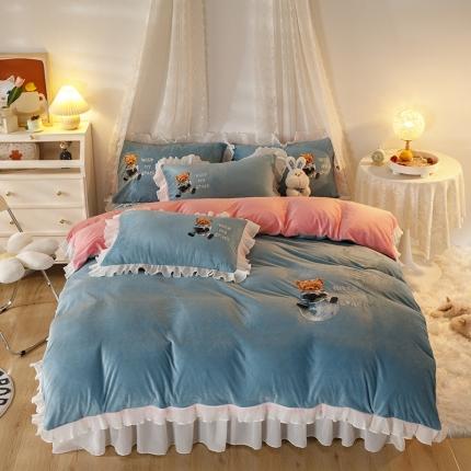 纽缦 2021新款韩版水晶绒床裙四件套 萌熊-蓝灰粉
