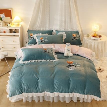 纽缦 2021新款韩版水晶绒床裙四件套 萌熊-浅绿粉