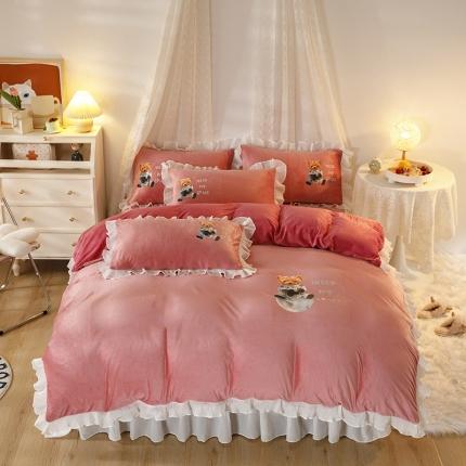 纽缦 2021新款韩版水晶绒床裙四件套 萌熊-深浅豆沙