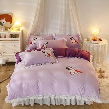 纽缦 2021新款韩版水晶绒床裙四件套 萌熊-深浅紫