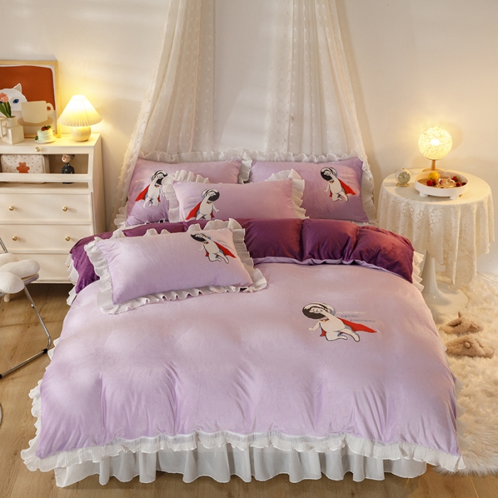 91家纺网 家纺一手货源 找家纺 纽缦 2021新款韩版水晶绒床裙四件套 萌熊-深浅紫