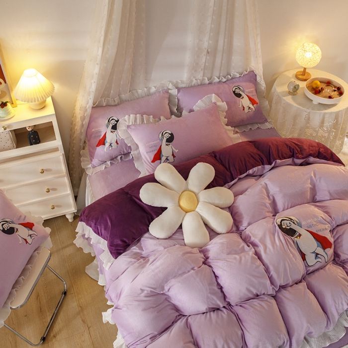 91家纺网 家纺一手货源 找家纺 纽缦 2021新款韩版水晶绒床裙四件套 萌熊-深浅紫