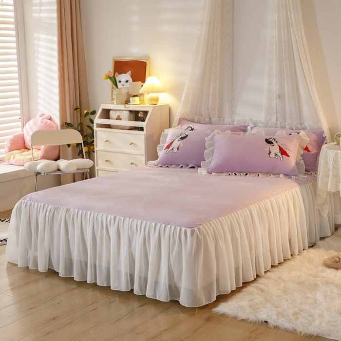 91家纺网 家纺一手货源 找家纺 纽缦 2021新款韩版水晶绒床裙四件套 萌熊-深浅紫