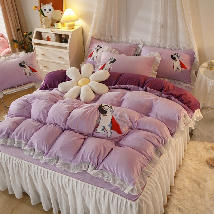 91家纺网 家纺一手货源 找家纺 纽缦 2021新款韩版水晶绒床裙四件套 萌熊-深浅紫
