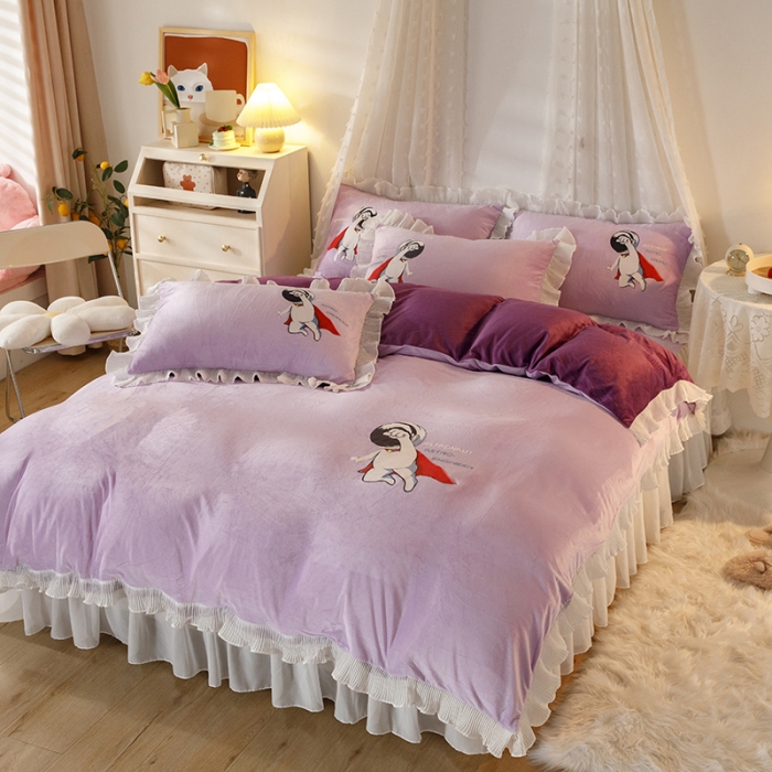 91家纺网 家纺一手货源 找家纺 纽缦 2021新款韩版水晶绒床裙四件套 萌熊-深浅紫