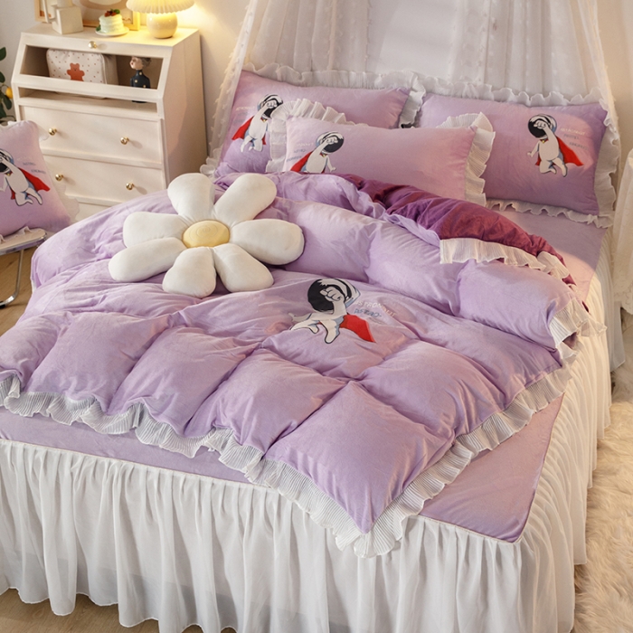 91家纺网 家纺一手货源 找家纺 纽缦 2021新款韩版水晶绒床裙四件套 萌熊-深浅紫