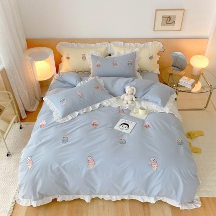 本希新款40全棉水洗棉荷叶边刺绣小清新四件套奶油冰激凌雾霾蓝