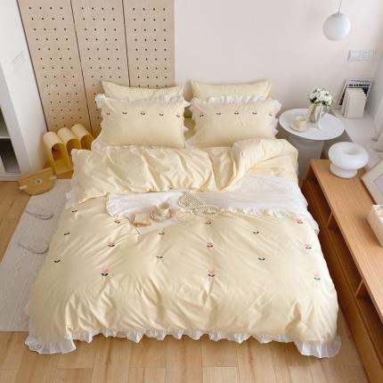 91家纺网 家纺一手货源 找家纺 本希新款40全棉水洗棉荷叶边刺绣小清新四件套 芝士桃桃奶油黄