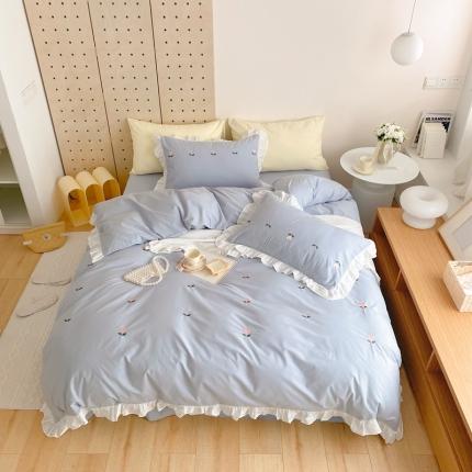 91家纺网 家纺一手货源 找家纺 本希新款40全棉水洗棉荷叶边刺绣小清新四件套 芝士桃桃雾霾蓝