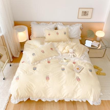 本希新款40全棉水洗棉荷叶边刺绣小清新四件套奶油冰激凌奶油黄