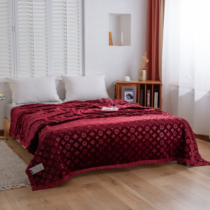 91家纺网 家纺一手货源 找家纺 来菲毛毯 25新款400克3D压花立体毛毯豆沙加厚压花绒毯外贸超厚3D酒红