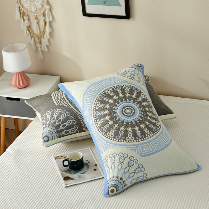 91家纺网 家纺一手货源 找家纺 朴尔家纺新款素雅系列四层纱布枕巾52*78cm 铃兰香-蓝