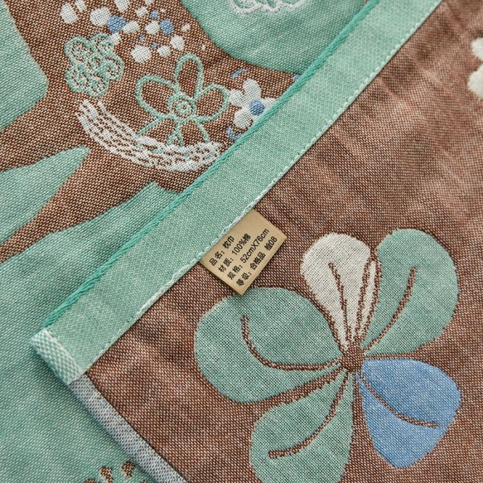 91家纺网 家纺一手货源 找家纺 朴尔家纺新款素雅系列四层纱布枕巾52*78cm 鹿鹿花开-绿