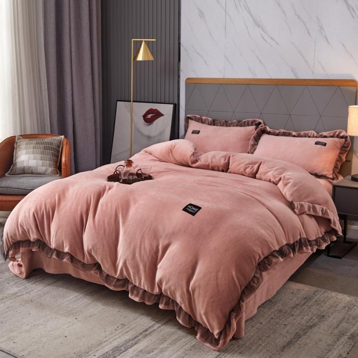 91家纺网 家纺一手货源 找家纺 2023牛奶绒保暖四件套韩版蕾丝花边四件套 豆沙