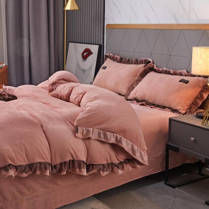 91家纺网 家纺一手货源 找家纺 2023牛奶绒保暖四件套韩版蕾丝花边四件套 豆沙